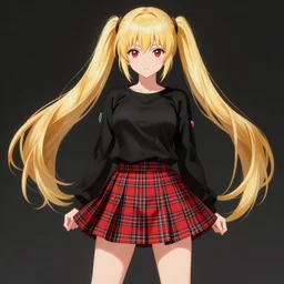 absolutely beautiful art of junko enoshima, an evil gyaru model with long blonde pigtails, a black top, a red plaid skirt, and knee high boots, long red nails, very beautiful, japanese, villianess, art by artgerm, stanley lau, greg rutkowski, cyrine, alphonse mucha, beautiful colors and lighting
