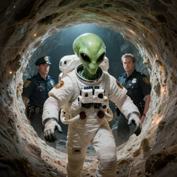an evil alien astronaut dressed as a border patrol officer enters a quantum wormhole. gary baseman, dan mumford, pedro correa, mad magazine, surreal object photography, wide angle camera closeup