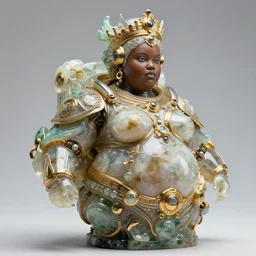intricate slightly iridescent and tanslucent realistic bust of futuristic obese fierce beautiful cyborg astronaut black girl empress, glass and gold and jade, caustics, soft light