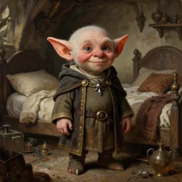 classic oil painting, an adorable goblin that is wearing medieval robes, as a dnd character, inside a cluttered bedroom, cottagecore, highly detailed, digital illustration, concept art, smooth, sharp focus, art by tom jung