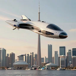 futuristic spaceship flying across the skyline of toronto, syd mead, trending on artstation, concept design