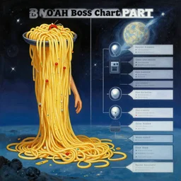 spaghetti monster vs loch ness in outer space bosschart, johfra painting style