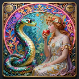 intricate art noveau painting of an iridescent serpent watches eve eat the forbidden apple in the garden of eden. neon light, masterpiece 4 k digital illustration by ruan jia and mandy jurgens and artgerm and william - adolphe bouguereau, award winning, artstation, intricate details, realistic, volumetric lighting, hyperdetailed, 8 k resolution, intricate art nouveau, unreal engine
