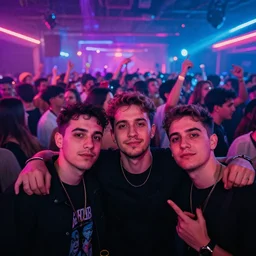 in the front 3 friends partying looking at the camera, in the back a huge crowd and neon light, surrealism