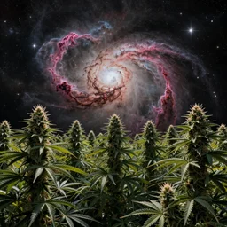 sky of space nebula over the cannabis garden at the end of the universe, trippy, mind - bending, masterpiece by zdzisław beksinski or conrad roset, tom whalen, mark ryden, chip zdarsky, dramatic lighting, strong shadows, volumetric, cinematic atmosphere, octane render, artstation, 8 k, hdr, hd