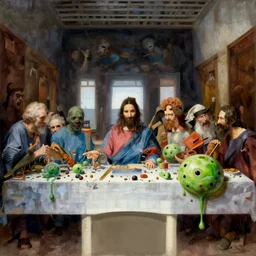 the last supper with green sentient blobs, horror, painted by leonardo da vinci, greg rutkowski, artgerm, masterpiece, 4 k hyper realistic