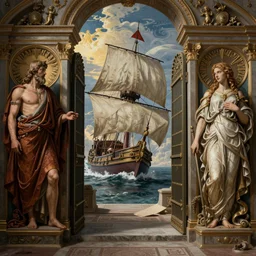 Odysseus's ship sailing past the gates of Hell, by Rolf Armstrong and Evelyn De Morgan and Bastien Lecouffe-Deharme, dramatic lighting, high contrast colors, baroque, empyrean, panoramic view, as trending on Artstation, highly detailed, doom engine,