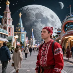 Slavic citizen on a street of a future Russian Moon city, 4k, Unreal Engine, hyperrealistic, Flickr, by Maciej Kuciara, deep colors, immense detail