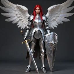 Female Knight, DND, D&D, Silver armor, shining, bright red hair, straight hair, sword and shield, ornamental, symmetry, angel-themed, tall, full body picture, extremely detailed, detailed face, golden eyes, epic, high fantasy, matte painting, trending on artstation, artstationHD, artstationHQ, cgsociety, octane, HD 16K