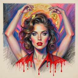 a surreal collage painting made of a women looking at the camera in 1 9 8 0 s, papermade, handmade art, drawing, illustration, fine art, high detailed image, canvas, oil pastel colors, volumetric light, pencil strokes, red dripping paint, high quality, sharp focus, retro neon colores, abstract background, hands dancing, symmetrical drawing, hand lettering, craftsmenship, golden leaves, texture, low grained, paper texture 8 k