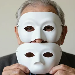 close - up portrait of a wrinkled old man wearing a pulcinella mask holding up a pizza!! to behold, clear eyes looking into camera, baggy clothing and hat, masterpiece photo by martin schoeller