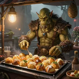 an orc selling takoyaki, takoyaki stand, fantasy art, food, by krenz cushart, detailed, artstation