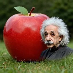 albert einstein next to a giant apple