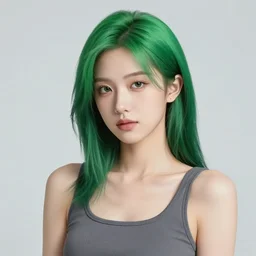 portrait of a cool girl with green hair, a 7 8 4 3 hairstyle, wearing a tanktop, listening to music, highly detailed, stylized, medium shot, portrait, concept art, vector line art, natural lighting, illustration, highly detailed, artstation