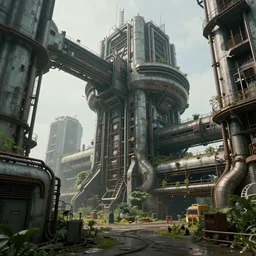 scifi brutalist industrial complex, overgrown, photograpgy