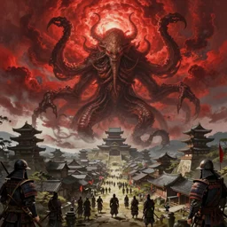 a digital painting of cthulhu monster about to landing on an ancient japanese village, red clouds in the sky, samurai army standing in the castle, ultrawide shot, overlook, art by ayami kojima, cedric peyravernay, finnian macmanus, alphonse mucha, victo ngai, greg rutkowski, concept art