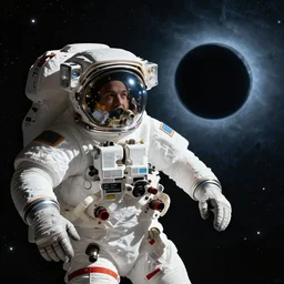 space walk with a black hole in the background, realistic, 8 k, detailed