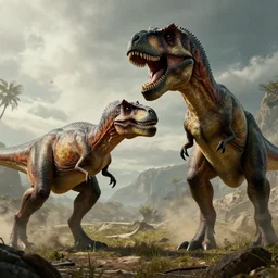 prehistoric yajuta predator, battling a tyrannosaurus, dinosaur slayer, epic cinematic matte painting,