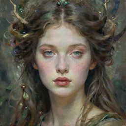portrait of a beautiful nature goddess, graceful beauty, esoteric, muted colors, head in focus, fantasy art, nature aesthetics, intricate, elegant, highly detailed hyperrealistic painting, artstation, concept art, painterly, sharp focus, illustration, art by hans jokem bakker