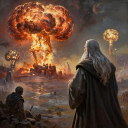 a beautiful painting of gandalf watching many nuclear explosions destroy an alien world, ray traced lighting by jean kalin popov and greg rutkowski