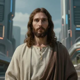 portrait of jesus in a futuristic city in the year 2 6 5 4, highly detailed, fantasy style, artstation, 8 k