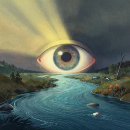editorial illustration by karolis strautniekas and mads berg, melting into rivers, all seeing eye, colorful, fine texture, detailed, muted colors, film noir, dramatic lighting, dynamic composition, vivid, matte print, wide angle, ( ( sunbeams ) ), moody, extreme perspective