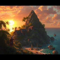 a little fisher ( ( fantasy ) ) village on a ( ( tropical ) ) island, scenic view, sunset, matte painting by marc simonetti and rhads and donato giancola, trending on artstation