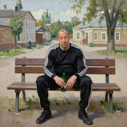 vin diesel in black adidas sport costume, as gopnik character, sitting on a bench with a beer bottle, in the courtyard of a provincial russian town, intricate, oil on canvas, naturalism