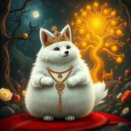 arctic fox deity, fat figure, cute, elegant, furry, white, gold, warm, wearing a crown, bracelets and necklaces, red carpet, figure, realistic, hair detailing, background is heavenly, wonderland at night, the light in the deep forest full of mythical creatures of the picture, according to european art, golden sacred tree, golden apple, flower garden, hyper realistic render. den