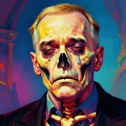 A psychedelic portrait of crying evil jeff bezos half of face is skeleton, vibrant color scheme, highly detailed, in the style of romanticism, cinematic, artstation, Moebius, Greg rutkowski