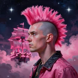 portrait big punk, pink, mohawk, space, hyperdetailed illustration, stars, neon, oil painting, rich deep colors masterpiece, ultra detailed, contrast, heaven pink, clouds, volumetric light, atmospheric lighting, pirate neon ship, dramatic, cinematic, moody, octane render 4 k, 8 k