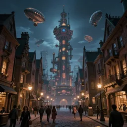 a highly detailed matte painting of a victorian industrial street filled with people at night and a monolithic dieselpunk tower on the horizon with steampunk zeppelins in the sky, by artgerm, by wlop, by greg rutkowski, volumetric lighting, octane render, 4 k resolution, trending on artstation, masterpiece