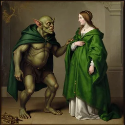 a goblin monster and a woman in a green cloak, by Hans Holbein the Younger
