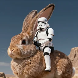 an imperial stormtrooper riding atop a giant brown lop-eared bunny, star wars, still