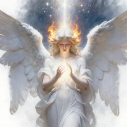 renaissance hyper realistic painting of white angel!!! beautiful face, no gender!!!, ball of light from the chest!!!!!, miracle light coming overhead!!, a lot of stars overhead!!!, fire around the head!, by caspar david friedrich, misty space, holography effect, glow effect, large strokes, soft shadow and light, high detailed, white background