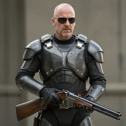 Movie still of Saul Goodman wearing futuristic futuristic futuristic armour while holding a shotgun, highly detailed, 4k
