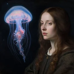 a closeup portrait of a cloaked woman floating next to an jellyfish nebula, jellyfish nebula, by jan van eyck