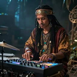 a techno shaman plays his digital drum machine, photorealistic