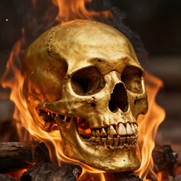golden human skull burning in fire