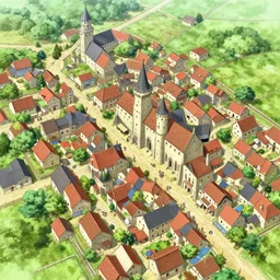 aerial view of a medieval village, anime drawing