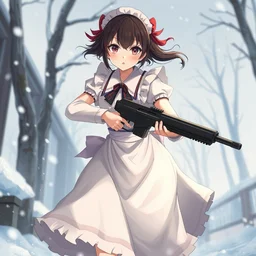 portrait of anime maid maid dress with gun in hands running winter by greg rutkowski, key visual, kyoto animation, makoto shinkai, studio ghibli pixiv, sharp, detailed, high quality, award winning trending on artstation