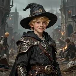 portrait of a boy wearing fantasy thief clothing in the slums of a fantasy city, blonde hair, d & d, fantasy, joyful smirk, intricate, elegant, highly detailed, digital painting, artstation, concept art, matte, sharp focus, illustration, art by artgerm and greg rutkowski and alphonse mucha