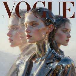 3 d, close - up, fashion model, winter, liquid metal, morning, sun rays, vogue cover style, poster art, hyper detail, intricate oil painting, multiple exposure, hell mood, 3 d, by tooth wu and wlop and beeple and greg rutkowski