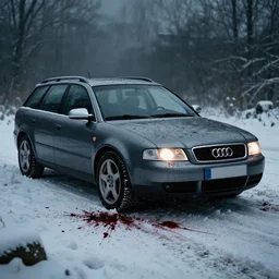 Audi A4 B6 Avant (2002), a gritty neo-noir, dramatic lighting, cinematic, eerie person, death, homicide, homicide in the snow, viscera splattered, gunshots, establishing shot, extremely high detail, photorealistic, arson, burning city, cinematic lighting, artstation, by simon stalenhag, Max Payne (PC) (2001) winter New York at night, In the style of Max Payne 1 graphic novel, flashing lights, Poets of the Fall - Late Goodbye