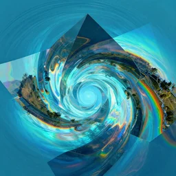 an abstraction of refracting angular glass, water ripples, cyan, rgb, rainbows, iridescent landscape, foci, infinity torus