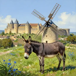 very long shot of a windmill, wild beautiful Donkey, spots of blue flowers nearby, medieval french landscape, Carcassonne, city of carcassonne in the background, and with big building in between by Stanley Artgerm Lau, WLOP, Rossdraws, frank frazetta, Andrei Riabovitchev, Marc Simonetti, tranding on artstation
