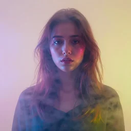 portrait of woman, colored fog, sketch marks, hazy, vibrant colors, backlit, emotional