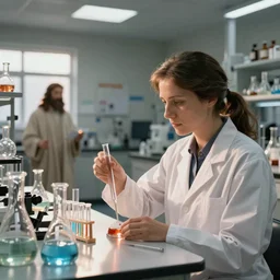 a female professor and jesus in a university chemistry lab, running the experiment that proofs jesus transubstantiation ; surrealistic