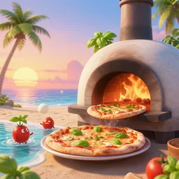 a pizza is cooking in a wood fired oven, on a tropical beach in the sunset, basil growing on palm trees, little tomato characters are playing in the water, throwing mozzarella balls, hyper realistic extremely detailed 3 d octane render, 4 k movie still by pixar