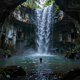abandoned spa, waterfalls inside the building, eerie, dramatic lighting, flooded